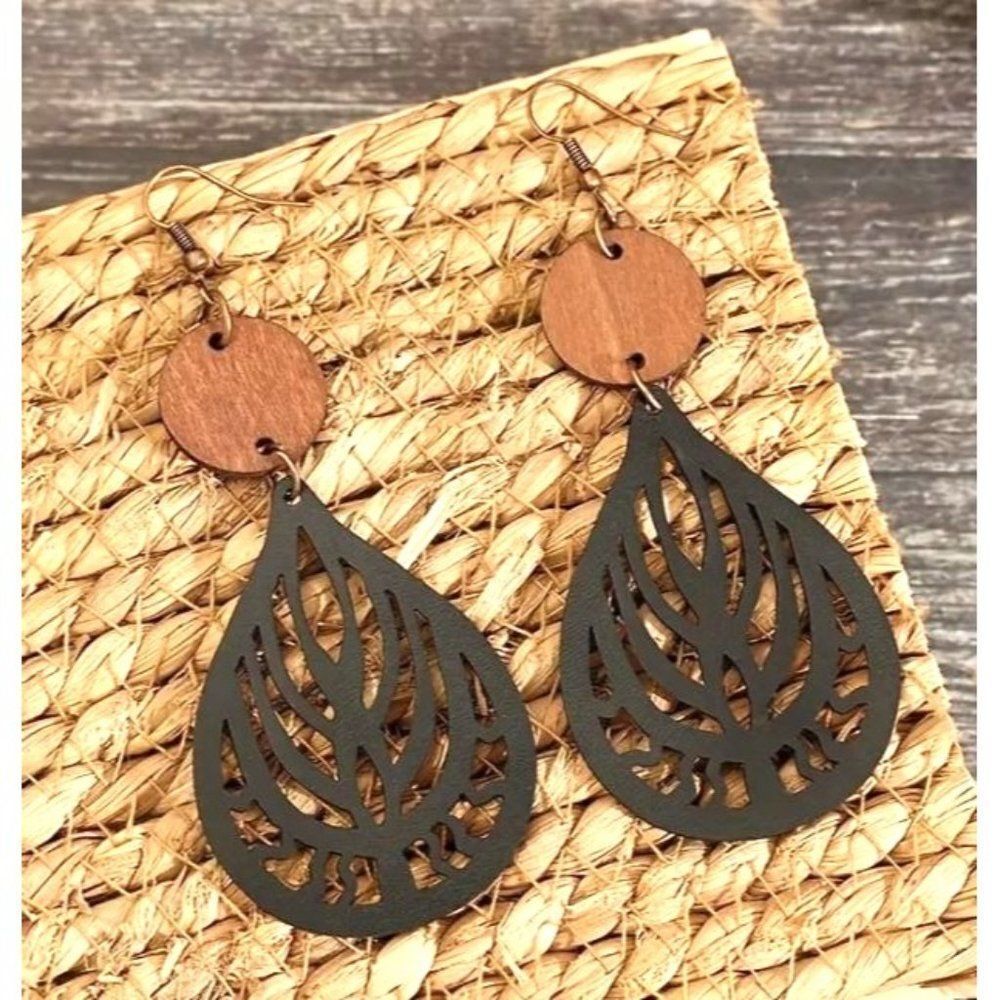 Black Tear Drop Wooden Earrings New